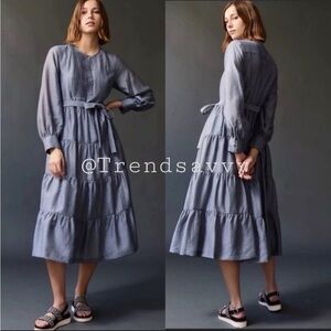 Anthropologie Mare Mare Tiered Maxi Dress Blue Gray Boho Pockets Size Large NWT